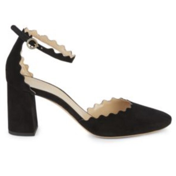 CHLOE Lauren Scalloped Ankle Strap Suede Block Heel Shoes Academia - Size US 7.5 - Picture 1 of 16